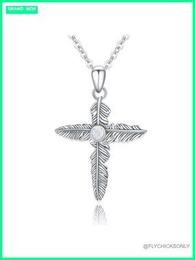 925 Sterling Silver Feather Cross Pendant Necklace with White Opal Tiger's Eye